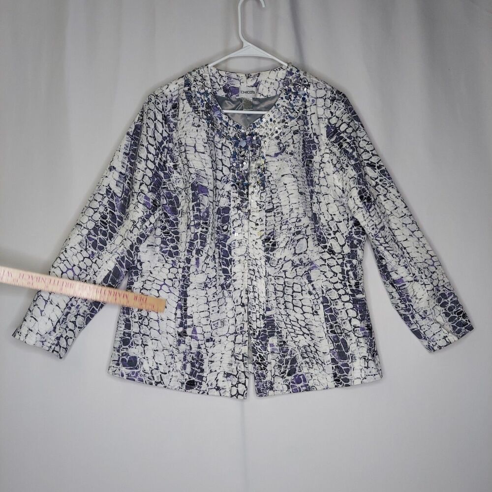 Chicos Blazer Jacket XL Purple White Cotton Textured Beaded Pocket 3/4 Hook-Eye - Picture 7 of 8
